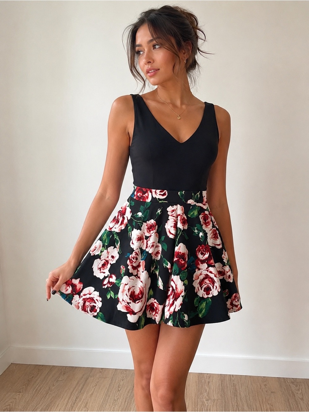 MIUSOL Black Floral Fit & Flare Skater Dress Women’s Medium Sleeveless Rose